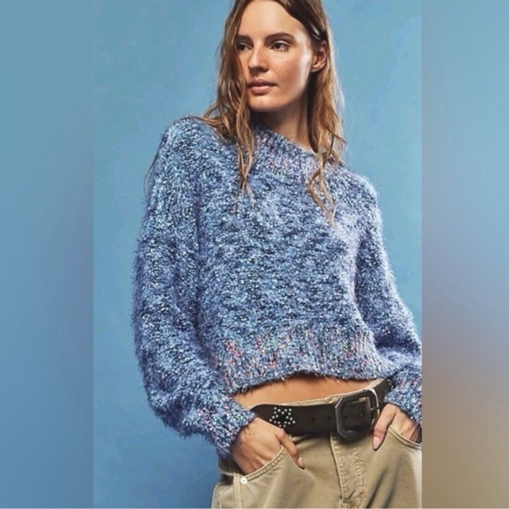 Free People Stardust Fuzzy Pullover Sweater Blue Cozy Knit Women's Small